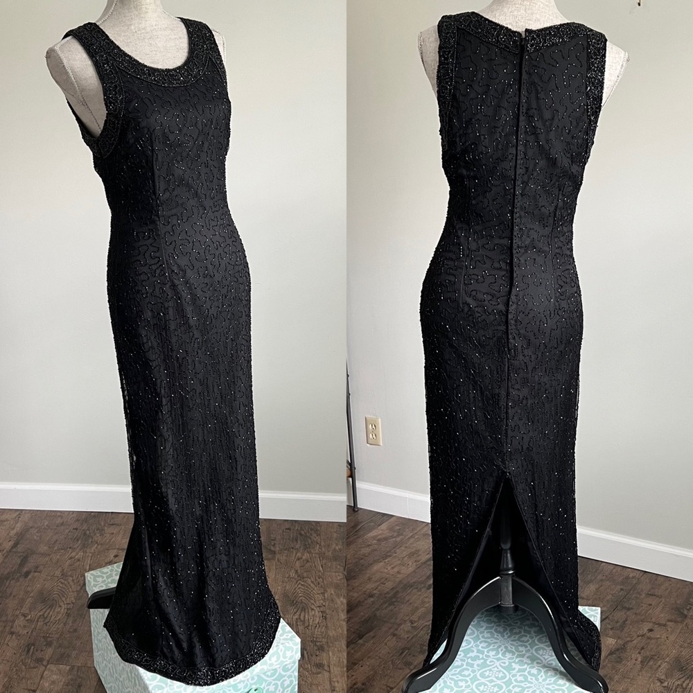 Laurence Kazar Vintage Beaded Silk Gown Sleeveless Black Maxi Dress Small
